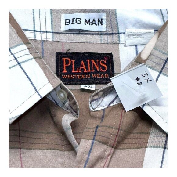 Plains Western Wear Big Man Plaid Button-Up Shirt 3X Brown & White Short Sleeve - Picture 2 of 5